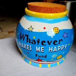 Vintage Handpainted Ceramic Piggy Bank Jar GANZ Blue and Yellow Happy Fund Jar